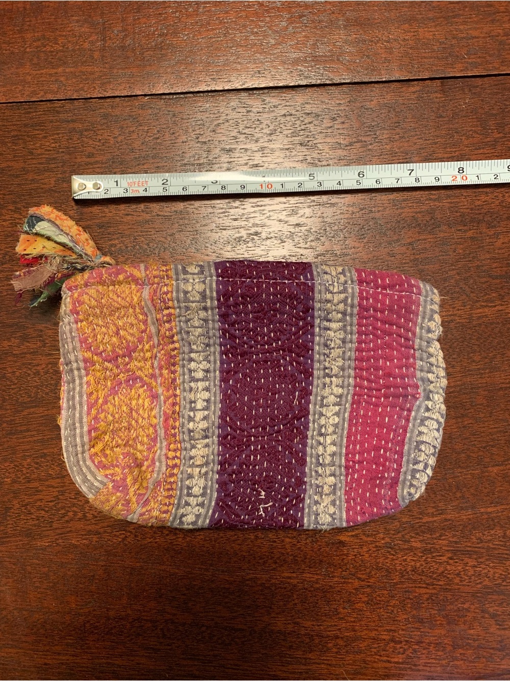 Handcrafted Multicolor Quilted Zip Pouch - Pink & Purple. Kantha Pouch (c)